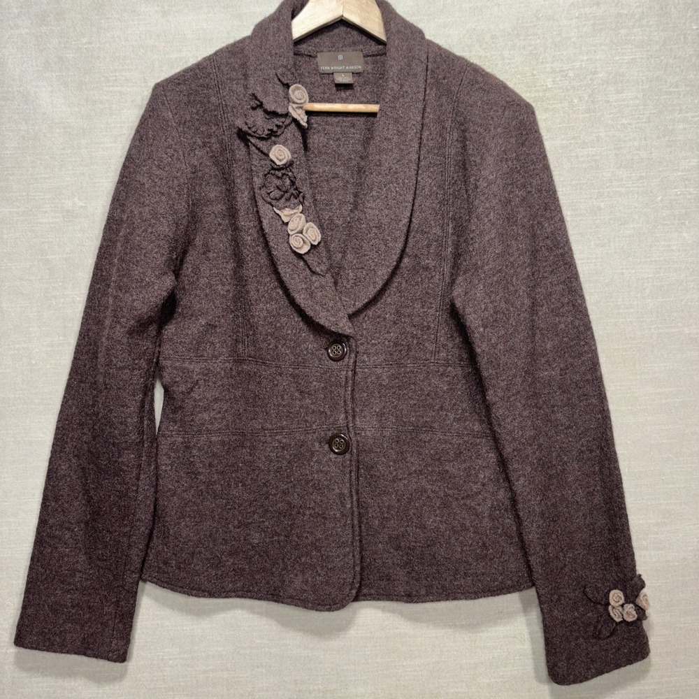 Fenn Wright Manson Wool Blend Blazer Jacket Artsy Floral Embellishment Size L